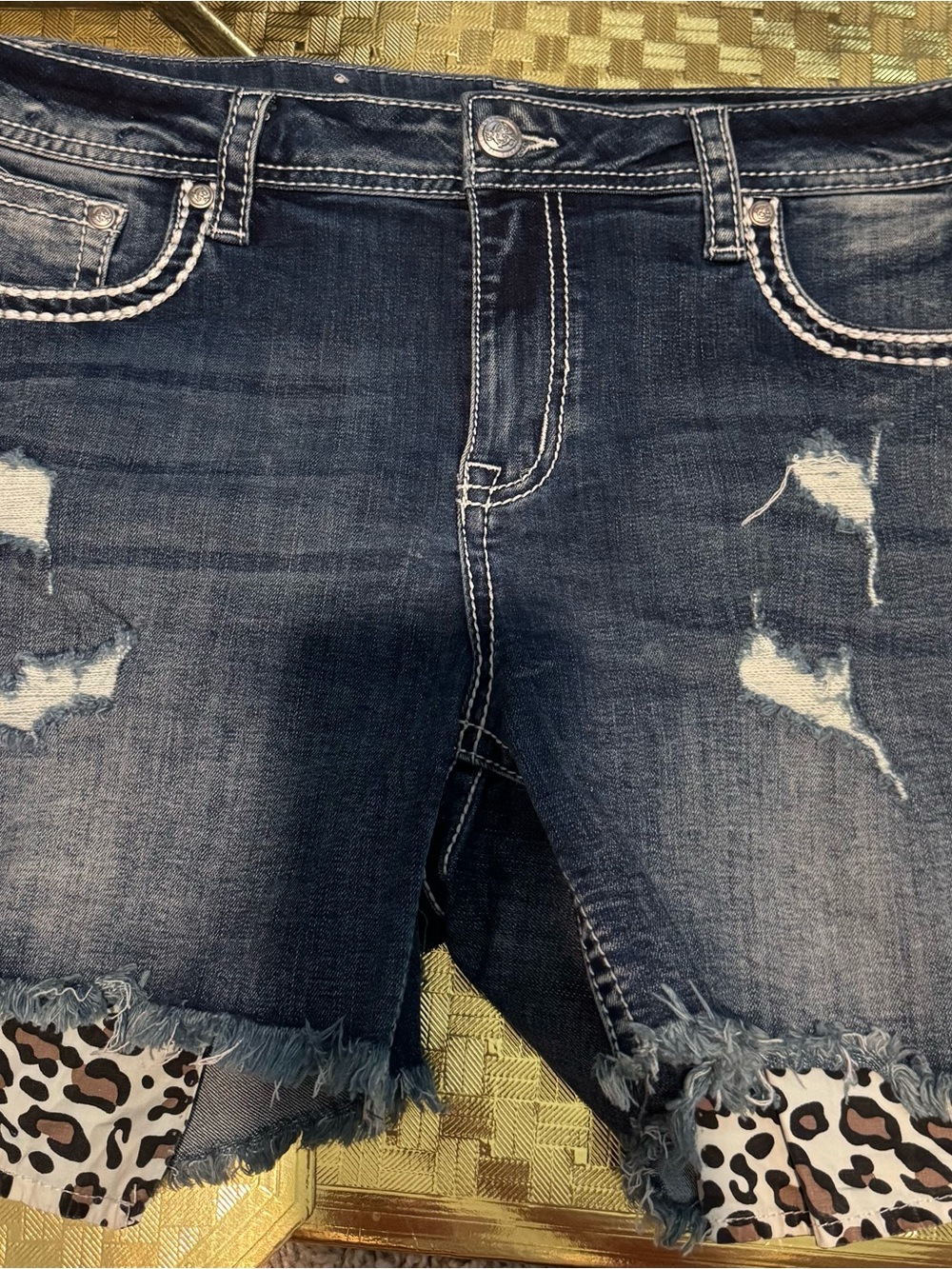 Grace in LA Dark Blue Distressed Denim Shorts with Leopard Trim